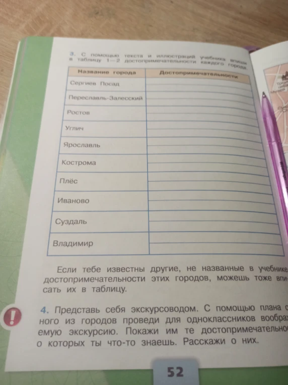 3. С помощью текста и иллюстраций учебника впиши в таблицу 1-2 достопримечательности каждого города.