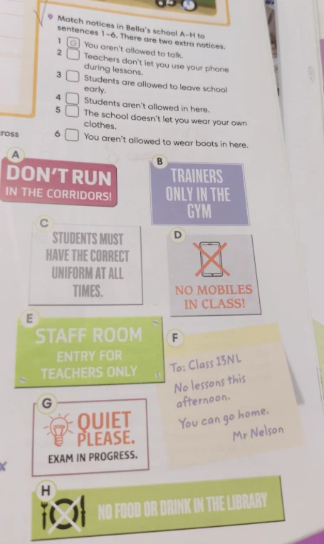 Match notices in Bella's school A–H to sentences 1–6. There are two extra notices.