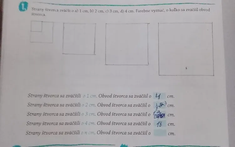 Strany štvorca zväčši o a) 1 cm, b) 2 cm, c) 3 cm, d) 4 cm.