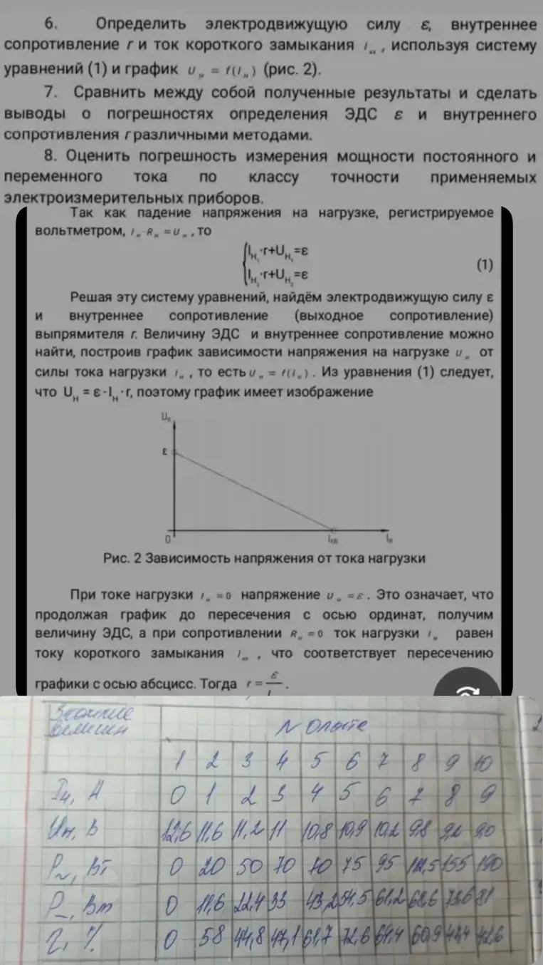 Определить электродвижущую силу ε, внутреннее сопротивление r и ток короткого замыкания I_кз, используя систему уравнений (1) и график U_н = f(I_н) (рис. 2).