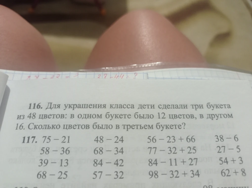 116. Для украшения класса дети сделали три букета из 48 цветов: в одном букете было 12 цветов, в другом 16. Сколько цветов было в третьем букете?