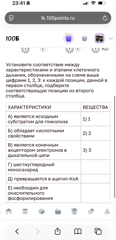 Установите соответствие между характеристиками и этапами клеточного дыхания, обозначенными на схеме выше цифрами 1, 2, 3: к каждой позиции, данной в первом столбце, подберите соответствующую позицию из второго столбца.