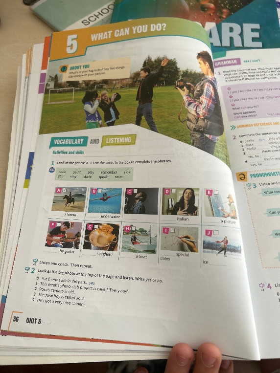 Look at the photos A-J. Use the verbs in the box to complete the phrases.