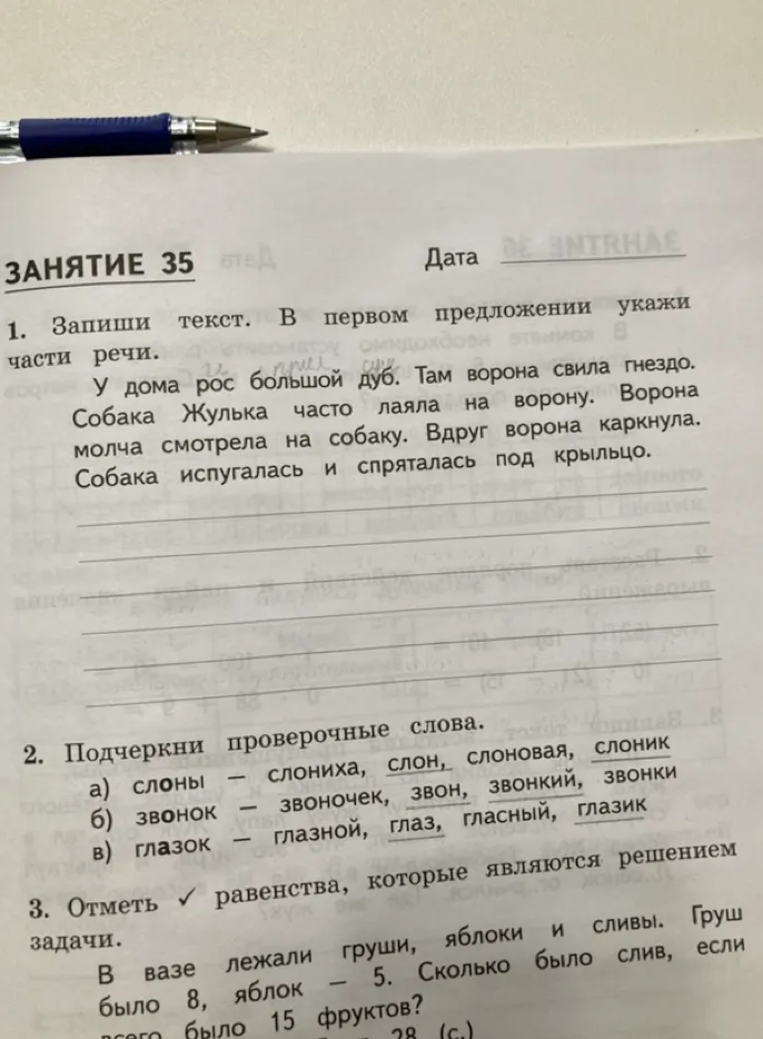 1. Запиши текст. В первом предложении укажи части речи. 2. Подчеркни проверочные слова. 3. Отметь равенства, которые являются решением задачи.