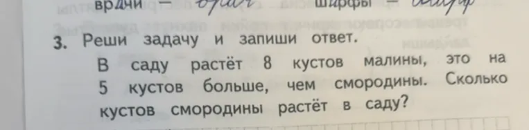 В саду растёт 8 кустов малины, это на 5 кустов больше, чем смородины. Сколько кустов смородины растёт в саду?