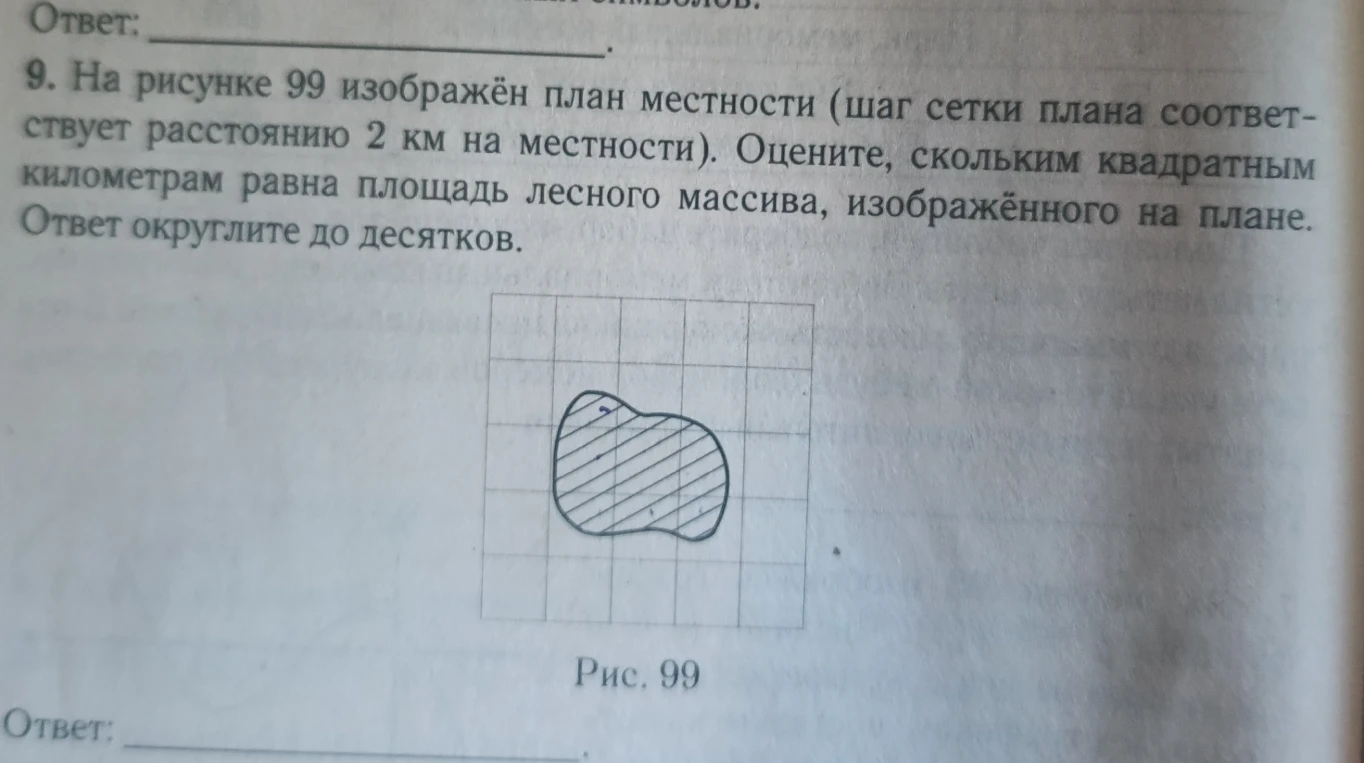 9. На рисунке 99 изображён план местности (шаг сетки плана соответствует расстоянию 2 км на местности). Оцените, скольким квадратным километрам равна площадь лесного массива, изображённого на плане. Ответ округлите до десятков.