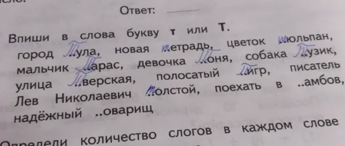 Впиши в слова букву т или Т.