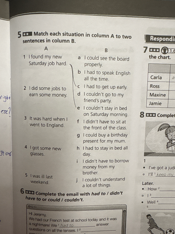 Match each situation in column A to two sentences in column B.
