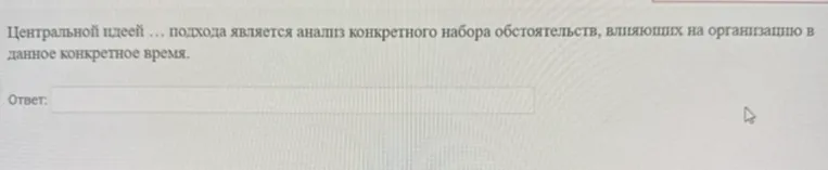 Центральной идеей ... подхода является анализ конкретного набора обстоятельств, влияющих на организацию в данное конкретное время.
