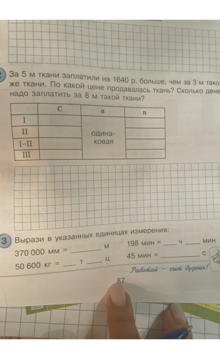 За 5 м ткани заплатили на 1640 р. больше, чем за 3 м такой же ткани. По какой цене продавалась ткань? Сколько денег надо заплатить за 8 м такой ткани?
