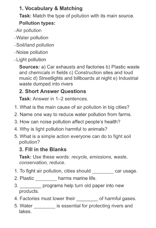 1. Vocabulary & Matching Task: Match the type of pollution with its main source.