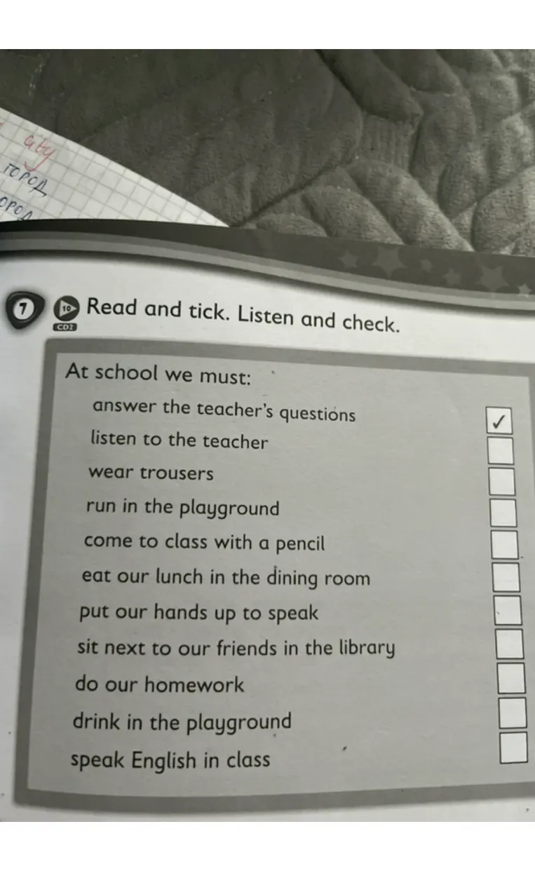 Read and tick. Listen and check. At school we must:
