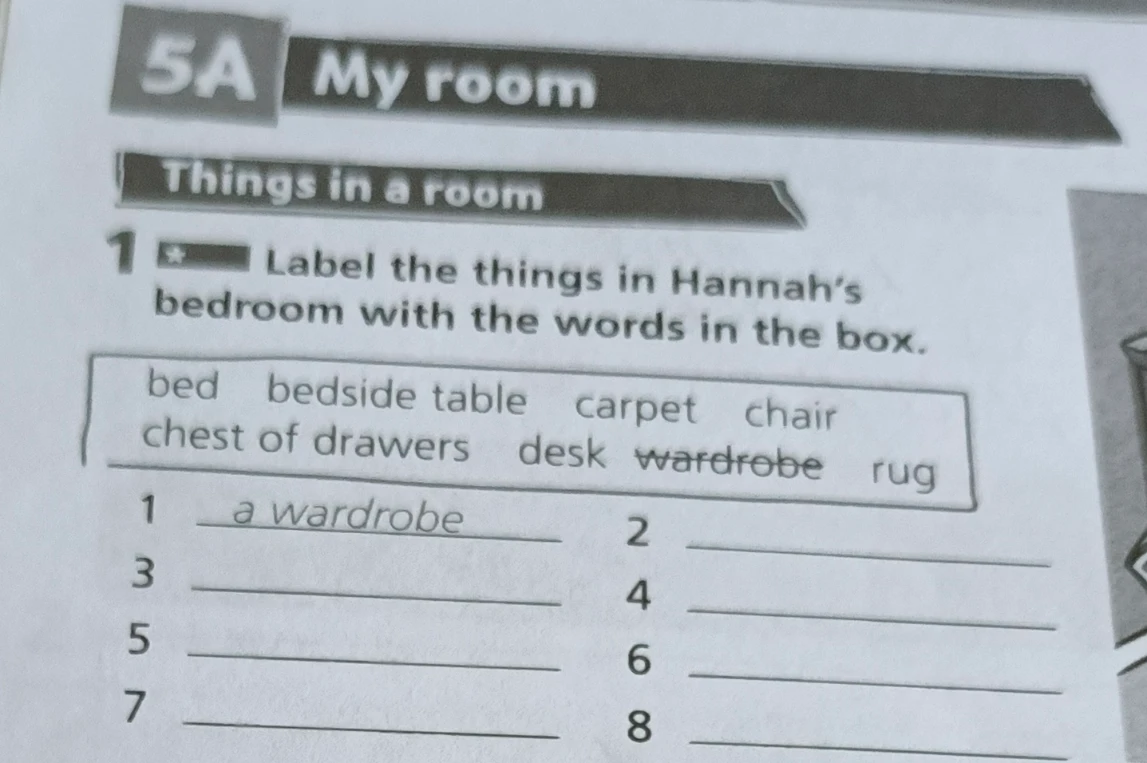 Label the things in Hannah's bedroom with the words in the box.