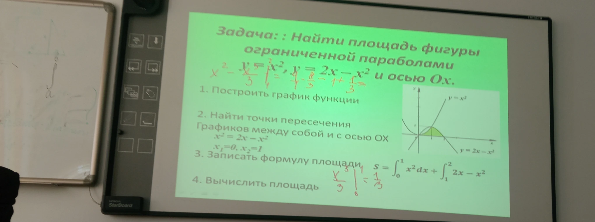 Задача: : Найти площадь фигуры ограниченной параболами y=x^2, y=2x-x^2 и осью Ox.