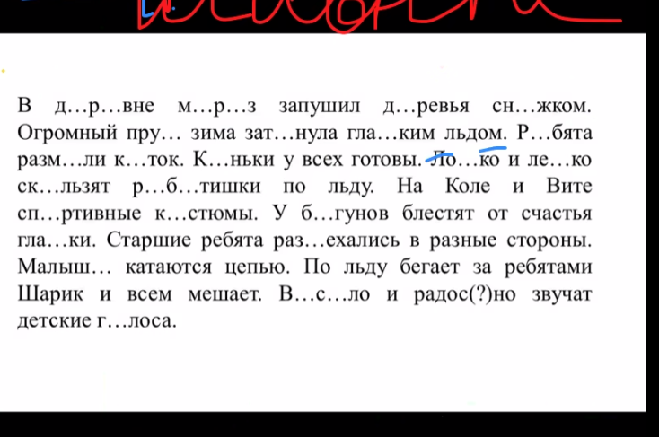 В д...р...вне м...р...з запушил д...ревья сн...жком. Огромный пру... зима зат...нула гла...ким льдом. Р...бята разм...ли к...ток. К...ньки у всех готовы. Ло...ко и ле...ко ск...льзят р...б...тишки по льду. На Коле и Вите сп...ртивные к...стюмы. У б...гунов блестят от счастья гла...ки. Старшие ребята раз...ехались в разные стороны. Малыш... катаются цепью. По льду бегает за ребятами Шарик и всем мешает. В...с...ло и радос(?)но звучат детские г...лоса.