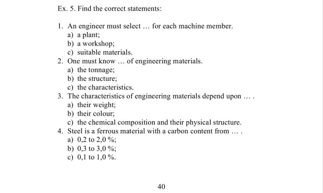 Ex. 5. Find the correct statements: 1. An engineer must select ... for each machine member.