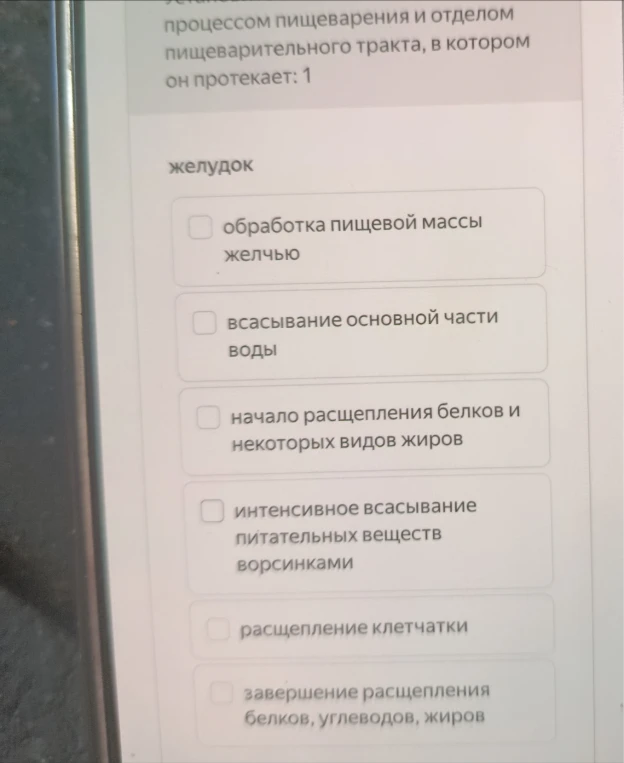 Установи [соответствие между] процессом пищеварения и отделом пищеварительного тракта, в котором он протекает: 1 желудок