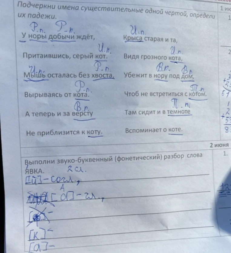 Подчеркни имена существительные одной чертой, определи их падежи.