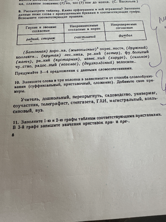 9. Рассмотрите таблицу. Какие орфограммы в ней отражены? Запишите данные ниже слова с пропущенными буквами в соответствующие графы.