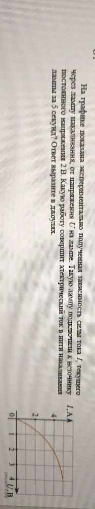 На графике показана экспериментально полученная зависимость силы тока I, текущего через лампу накаливания, от напряжения U на лампе.