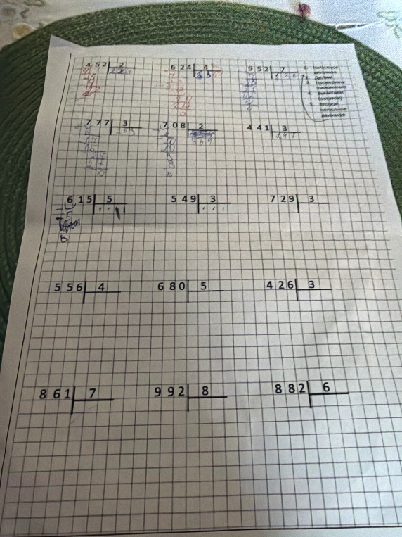Решение примеров на деление в столбик: 615:5, 549:3, 729:3, 556:4, 680:5, 426:3, 861:7, 992:8, 882:6.
