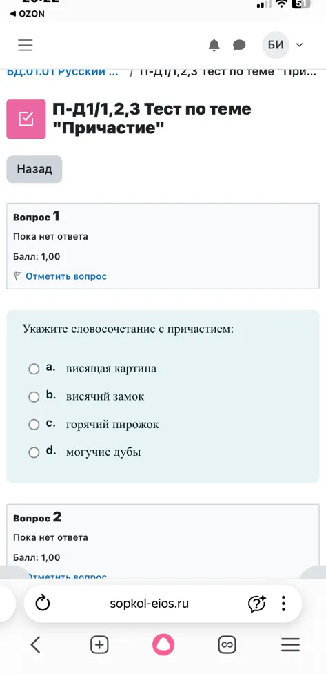 Укажите словосочетание с причастием: a. висящая картина b. висячий замок c. горячий пирожок d. могучие дубы
