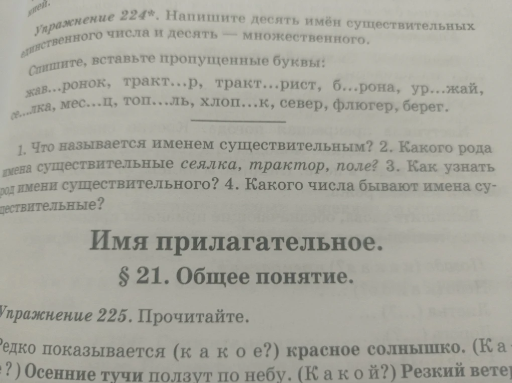 Упражнение 224*. Напишите десять имён существительных единственного числа и десять — множественного. Спишите, вставьте пропущенные буквы...
