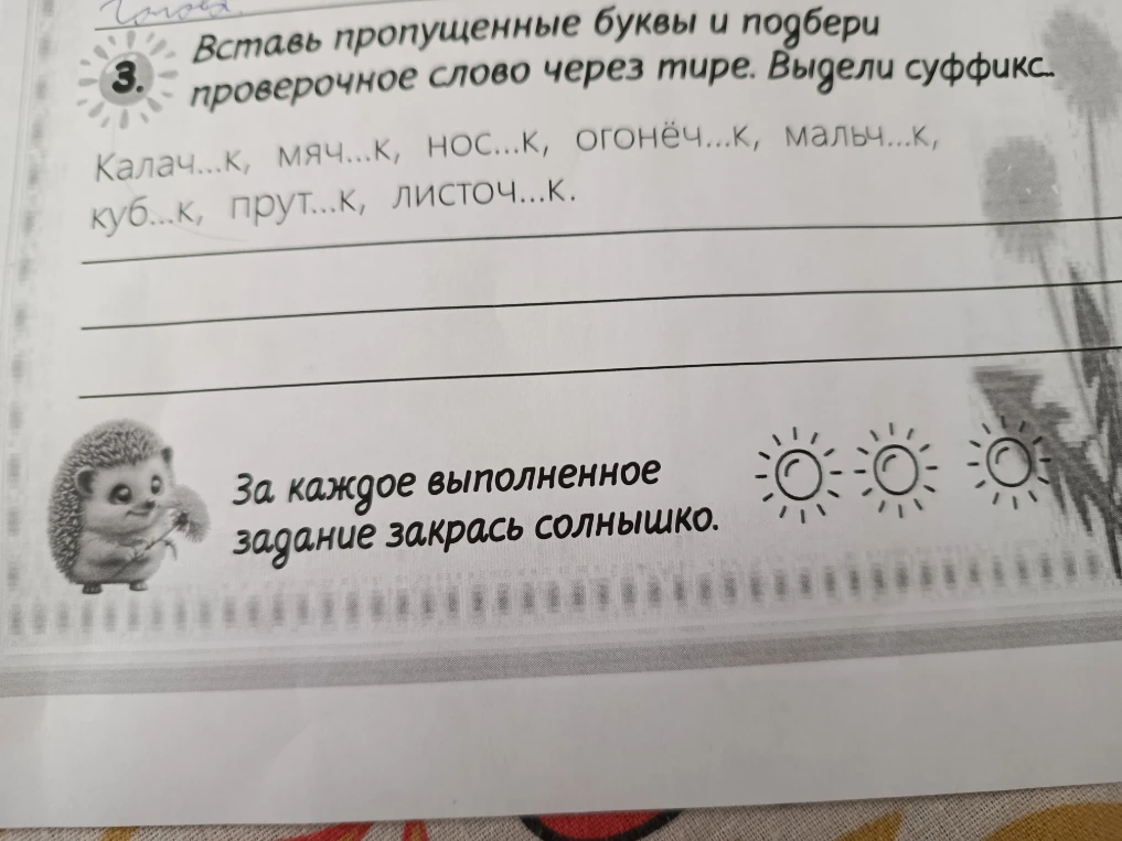3. Вставь пропущенные буквы и подбери проверочное слово через тире. Выдели суффикс.