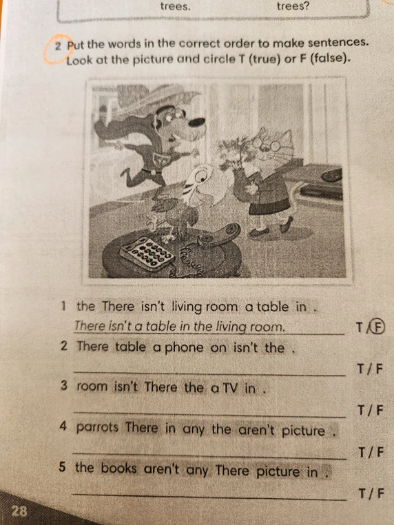 Put the words in the correct order to make sentences. Look at the picture and circle T (true) or F (false).