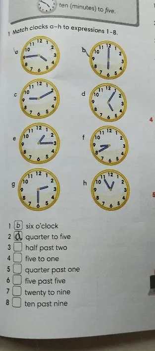 Match clocks a-h to expressions 1-8.