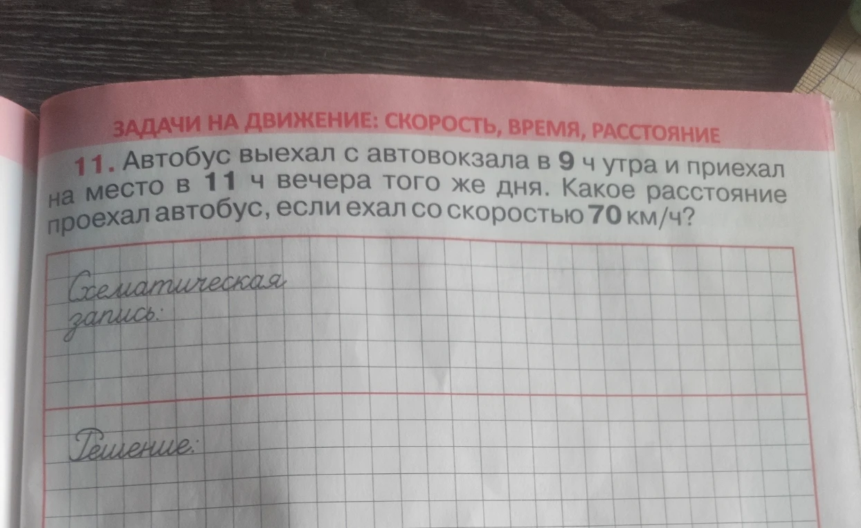 11. Автобус выехал с автовокзала в 9 ч утра и приехал на место в 11 ч вечера того же дня. Какое расстояние проехал автобус, если ехал со скоростью 70 км/ч?