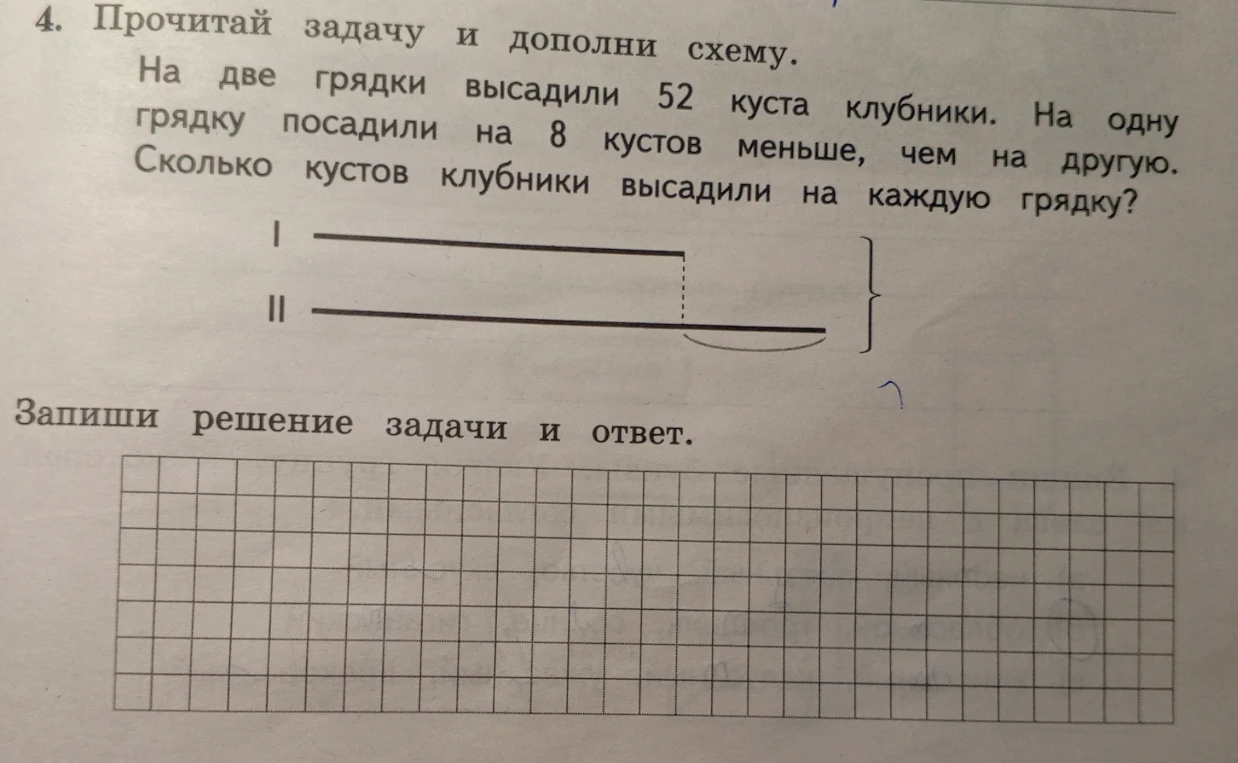 На две грядки высадили 52 куста клубники. На одну грядку посадили на 8 кустов меньше, чем на другую. Сколько кустов клубники высадили на каждую грядку?
