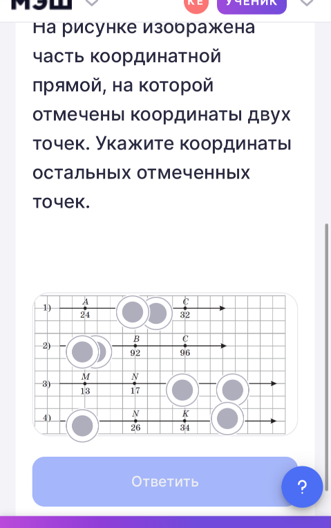 На рисунке изображена часть координатной прямой, на которой отмечены координаты двух точек. Укажите координаты остальных отмеченных точек.
