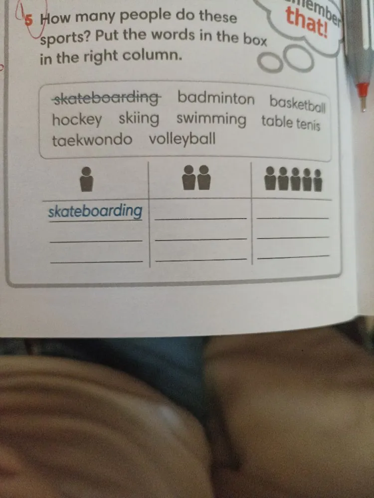 How many people do these sports? Put the words in the box in the right column.