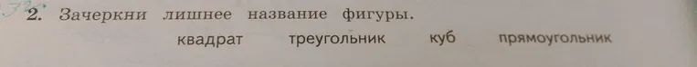 Зачеркни лишнее название фигуры. квадрат треугольник куб прямоугольник
