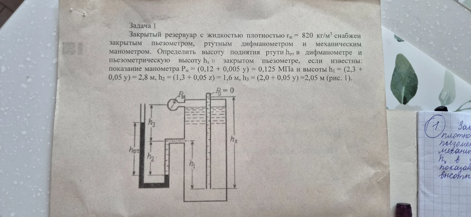 Закрытый резервуар с жидкостью плотностью rж = 820 кг/м³ снабжен закрытым пьезометром, ртутным дифманометром и механическим манометром. Определить высоту поднятия ртути hрт в дифманометре и пьезометрическую высоту hx в закрытом пьезометре, если известны: показание манометра PM = (0,12 + 0,005 y) = 0,125 МПа и высоты h1 = (2,3 + 0,05 y) = 2,8 м, h2 = (1,3 + 0,05 z) = 1,6 м, h3 = (2,0 + 0,05 y) = 2,05 м (рис. 1).