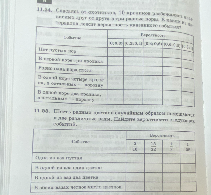 11.54. Спасаясь от охотников, 10 кроликов разбежались независимо друг от друга в три разные норы. В каком из интервалов лежит вероятность указанного события?