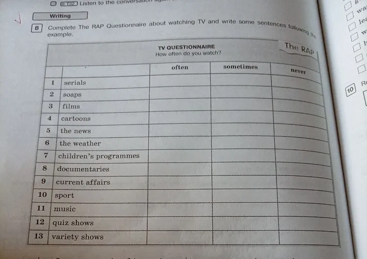Complete The RAP Questionnaire about watching TV and write some sentences following the example.