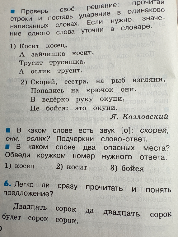 Проверь своё решение: прочитай строки и поставь ударение в одинаково написанных словах.