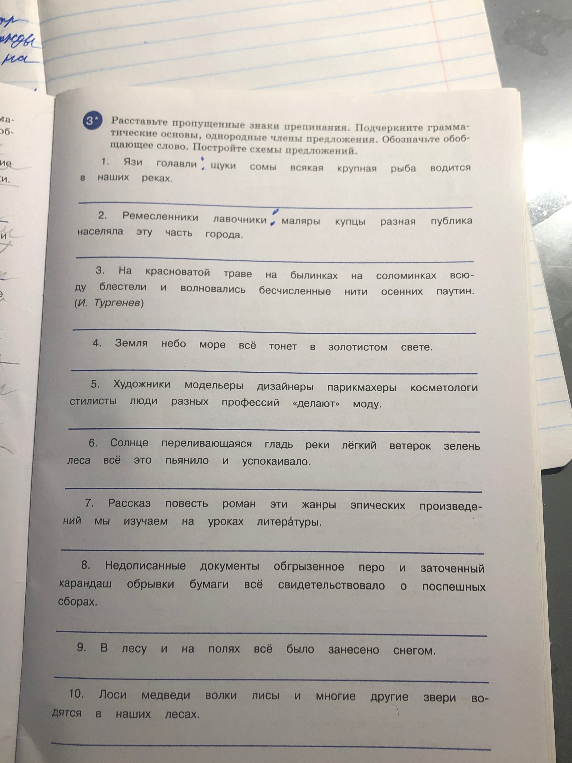 Расставьте пропущенные знаки препинания. Подчеркните грамматические основы, однородные члены предложения. Обозначьте обобщающее слово. Постройте схемы предложений.