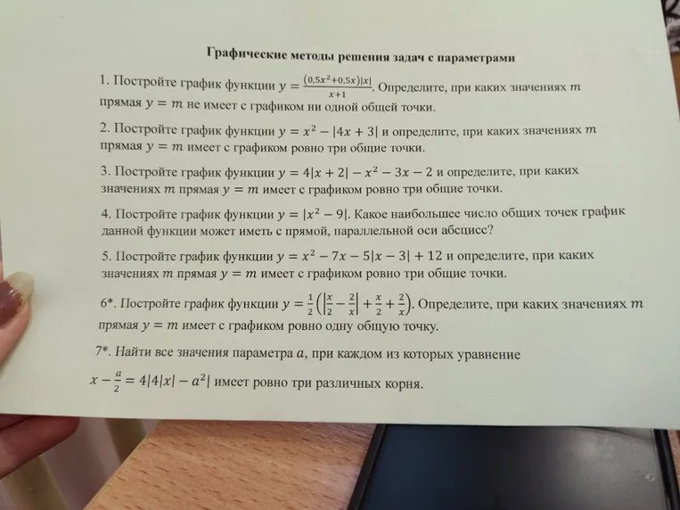 Графические методы решения задач с параметрами 1. Постройте график функции y = (0,5x^2+0,5x)|x| / x+1. Определите, при каких значениях m прямая y = m не имеет с графиком ни одной общей точки.