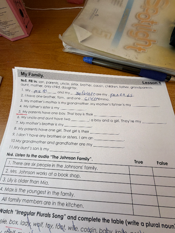 №5. Fill in: son, parents, uncle, sister, brother, cousin, children, father, grandparents, aunt, mother, only child, daughter.