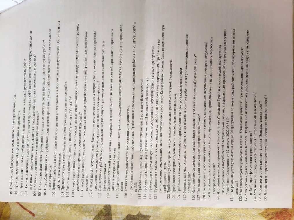 На предоставленном изображении находится перечень вопросов для подготовки по электробезопасности.