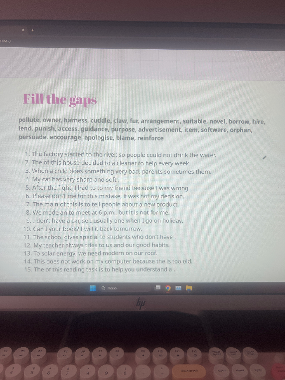 Fill the gaps: pollute, owner, harness, cuddle, claw, fur, arrangement, suitable, novel, borrow, hire, lend, punish, access, guidance, purpose, advertisement, item, software, orphan, persuade, encourage, apologise, blame, reinforce