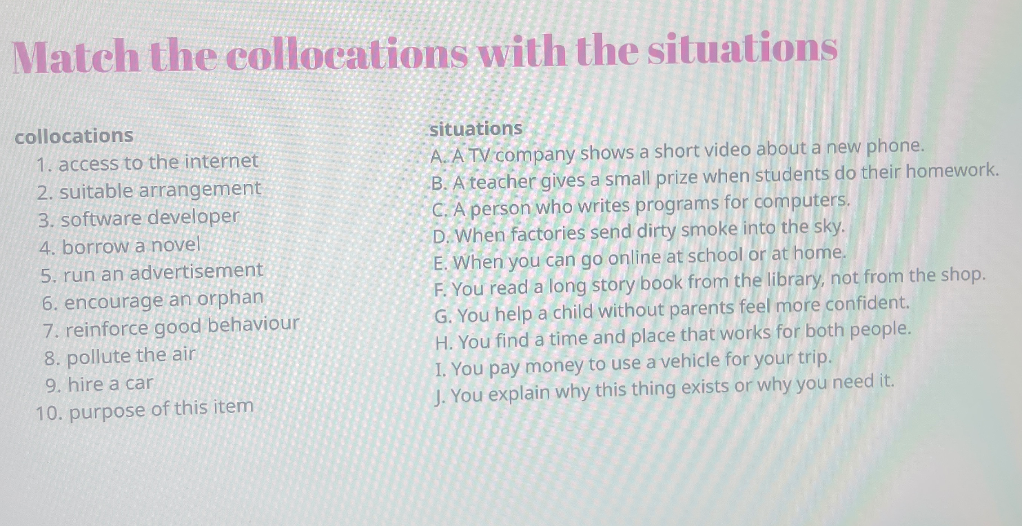 Match the collocations with the situations