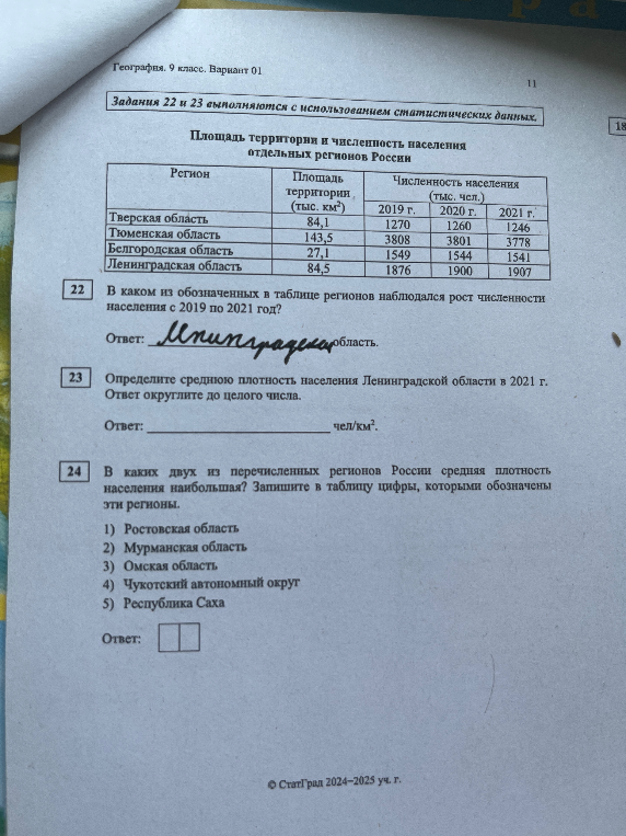 Определите среднюю плотность населения Ленинградской области в 2021 г. Ответ округлите до целого числа.