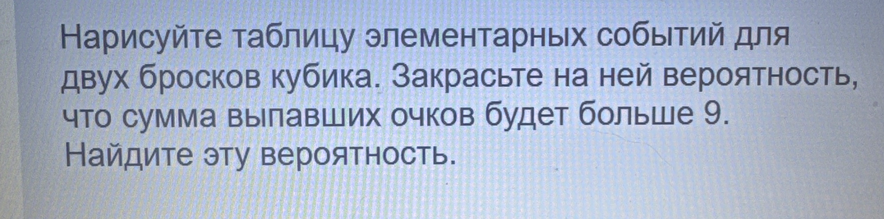 Нарисуйте таблицу элементарных событий для двух бросков кубика. Закрасьте на ней вероятность, что сумма выпавших очков будет больше 9. Найдите эту вероятность.