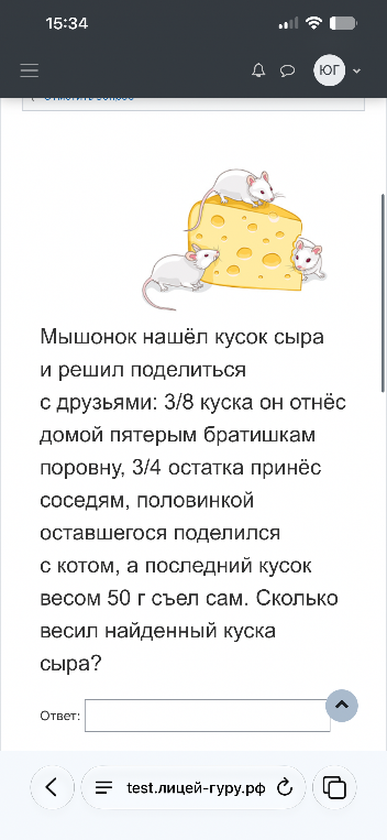 Мышонок нашёл кусок сыра и решил поделиться с друзьями: 3/8 куска он отнёс домой пятерым братишкам поровну, 3/4 остатка принёс соседям, половинкой оставшегося поделился с котом, а последний кусок весом 50 г съел сам. Сколько весил найденный куска сыра?