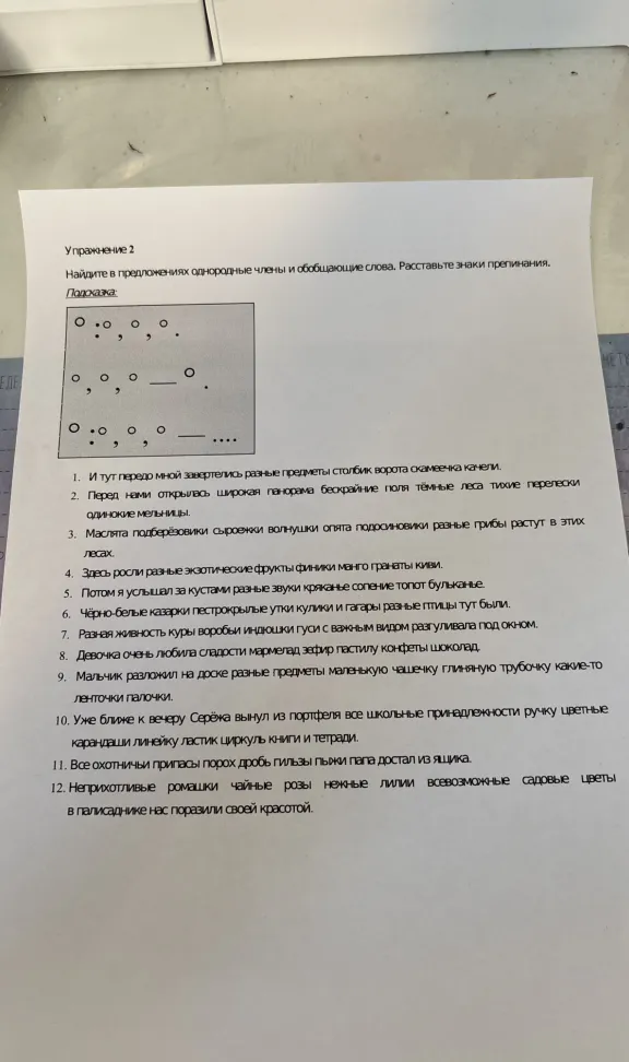 Найдите в предложениях однородные члены и обобщающие слова. Расставьте знаки препинания.