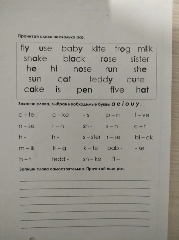 Закончи слова, выбрав необходимые буквы a e i o u y.
